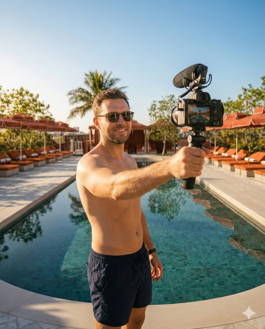 Influencer creating content at luxury hotel pool